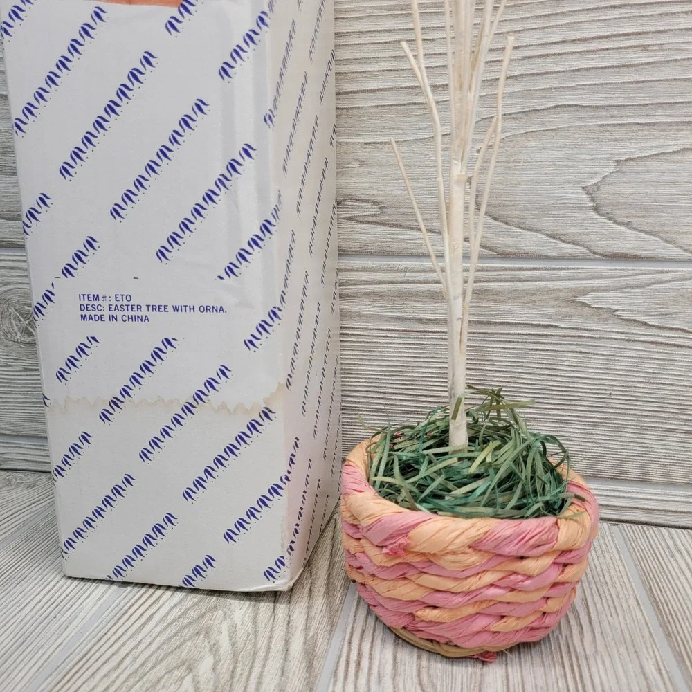 Easter Tree Ornaments Set White Twig Tree Woven Basket Pastel Eggs Rabbits Bunny